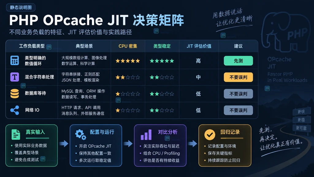 PHP OPcache JIT 按 CPU 密集程度、类型稳定性和真实输入划分评估边界的决策矩阵说明图