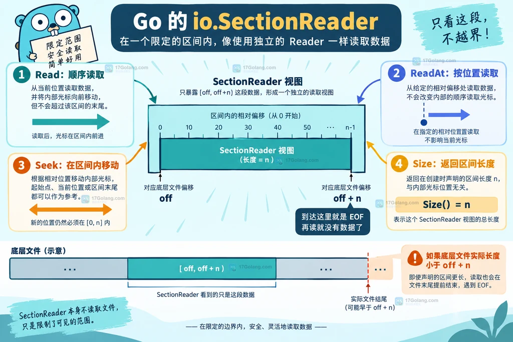 Go SectionReader 的 Read、ReadAt、Seek、Size 与范围边界关系说明图