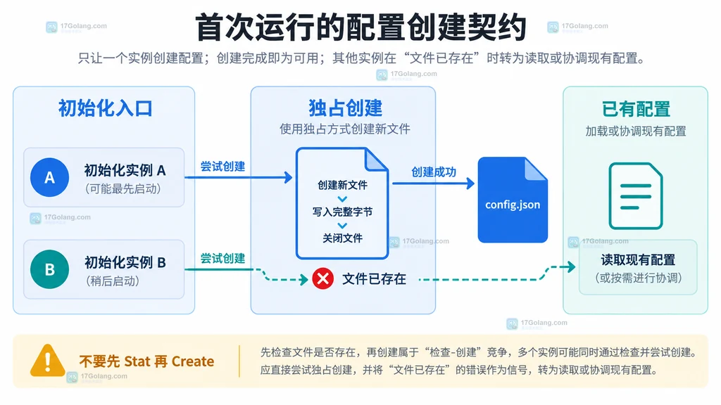 多个 Go 初始化实例竞争同一配置文件时 O_CREATE 与 O_EXCL 的创建结果静态说明图