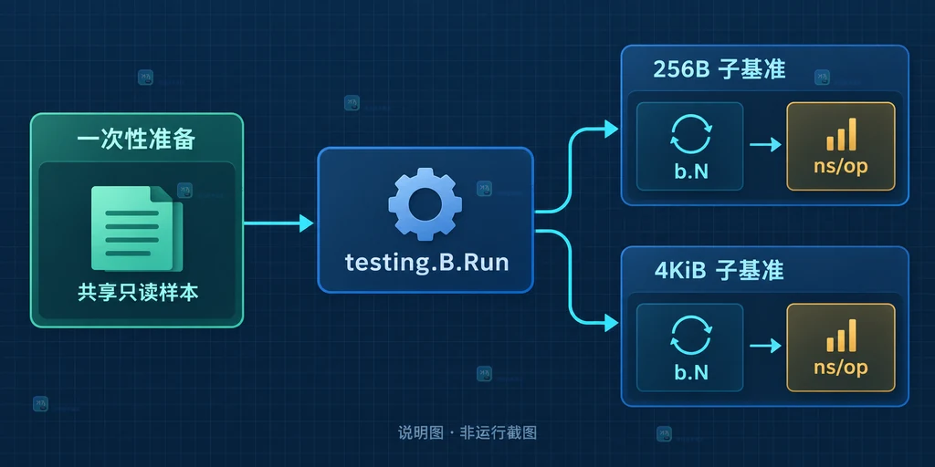Go testing.B.Run 结果说明图:参数场景对应独立名称、独立 b.N 与 ns/op 输出