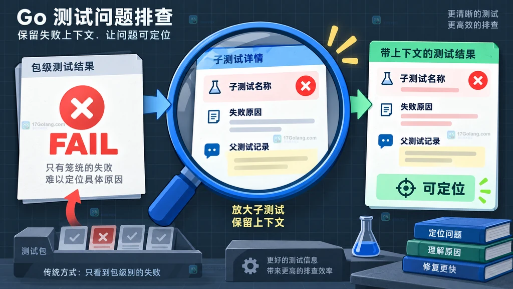 Go 子测试失败名称与日志上下文汇总到父测试的静态说明图
