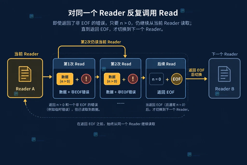 Go io.MultiReader 返回数据和非 EOF 错误后下一次仍读取当前 Reader 的调用关系图