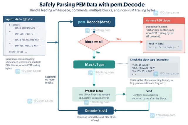 Go pem.Decode 怎么处理前导空白和未消费的剩余字节
