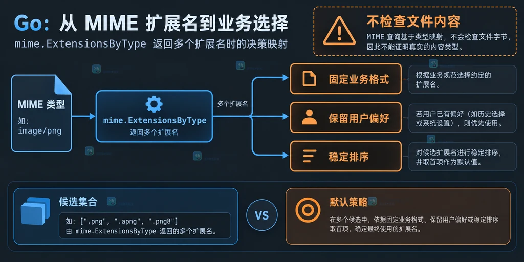 MIME 类型经过 ExtensionsByType 产生多个候选扩展名的结构示意图