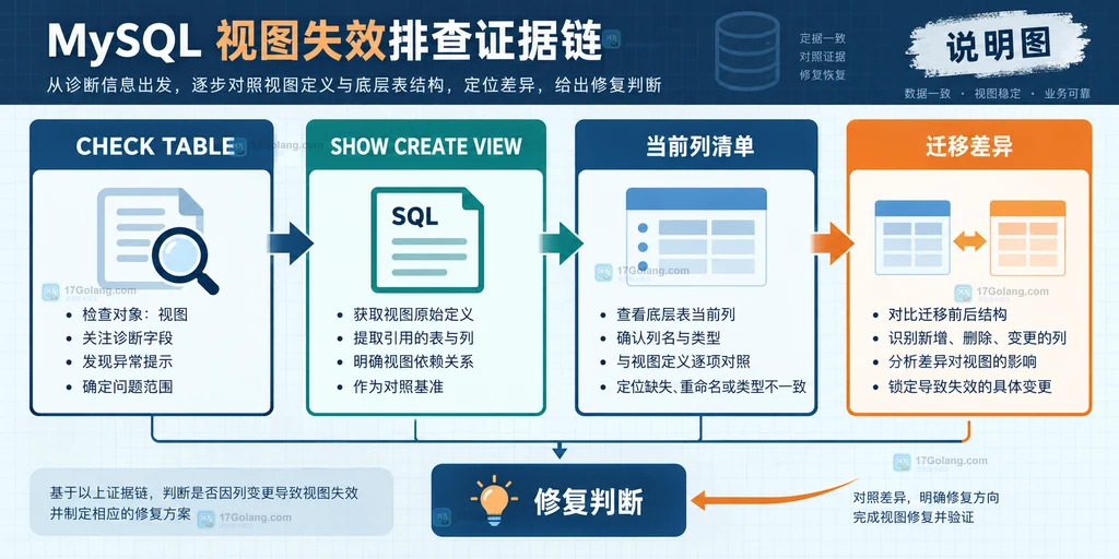 CHECK TABLE 诊断字段、SHOW CREATE VIEW 定义和迁移差异之间的证据关系