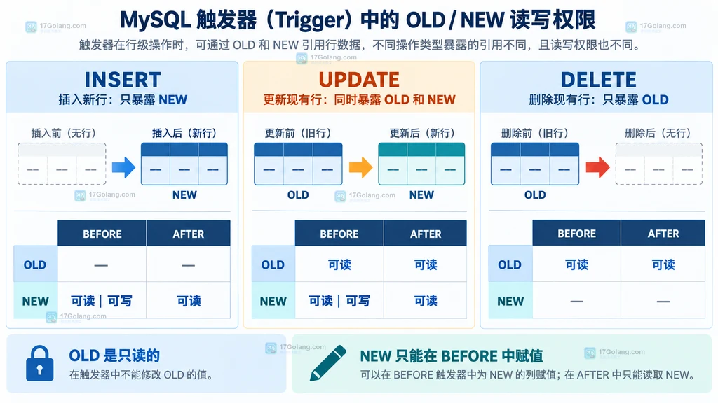 MySQL INSERT UPDATE DELETE 事件中 OLD 和 NEW 的可读写矩阵说明图