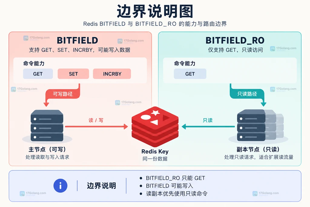 Redis BITFIELD 与 BITFIELD_RO 的子命令能力和主节点只读副本路由边界说明图