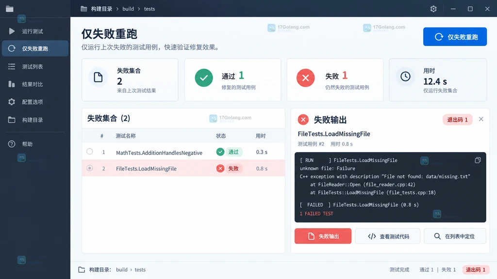 原创软件界面说明图：CTest 面板显示仅重跑失败测试后的结果状态