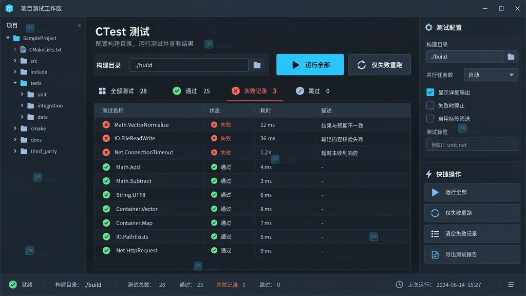 原创软件界面说明图：在 CTest 测试面板中定位构建目录和失败记录入口