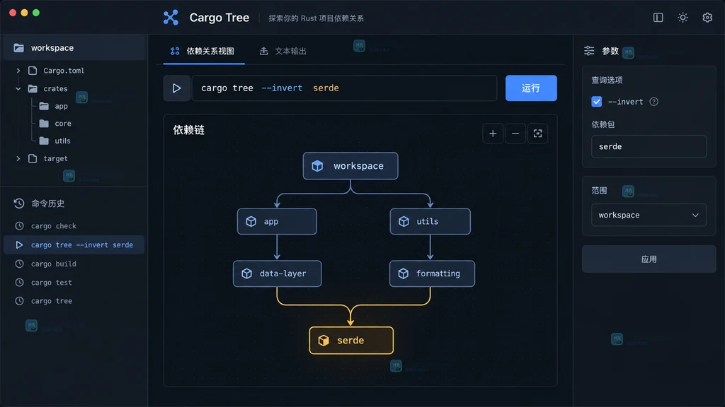 原创 Cargo 依赖分析界面说明图，展示使用 --invert 指定目标依赖和 workspace 范围