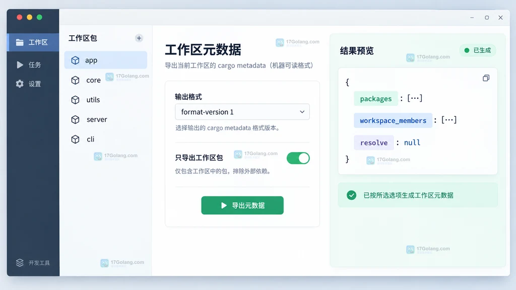 工作区元数据任务中选择 format-version 1 与只导出工作区包的原创界面说明图