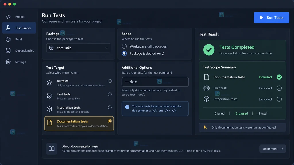 原创 Cargo 文档测试结果界面说明图，展示 Documentation tests、--doc 选项以及普通测试被排除的状态