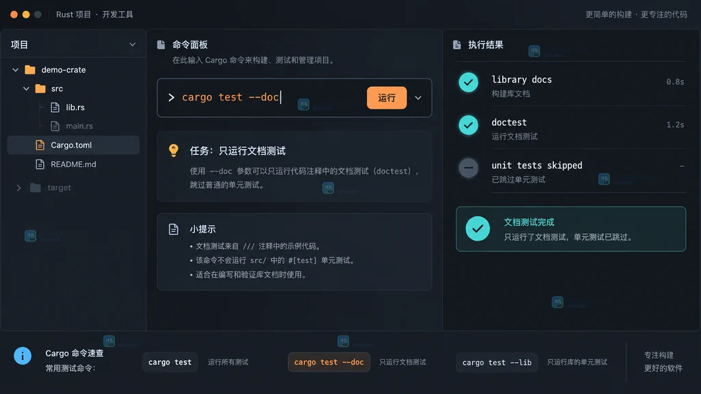 原创 Cargo 文档测试入口界面说明图，展示 cargo test --doc、库文档目标和跳过普通测试的范围