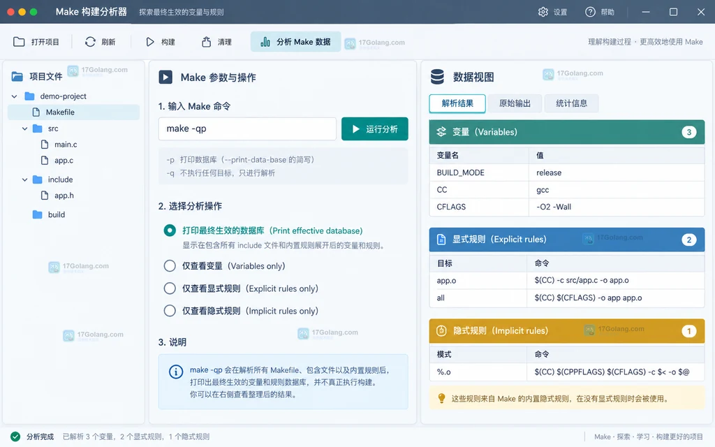 GNU Make make -qp 数据目录查询说明图，展示变量、显式规则和隐式规则分组