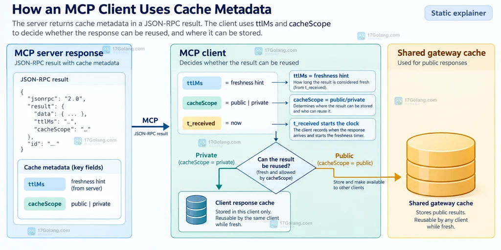 MCP 响应中 ttlMs 与 cacheScope 决定客户端缓存和共享网关缓存边界的结构说明图