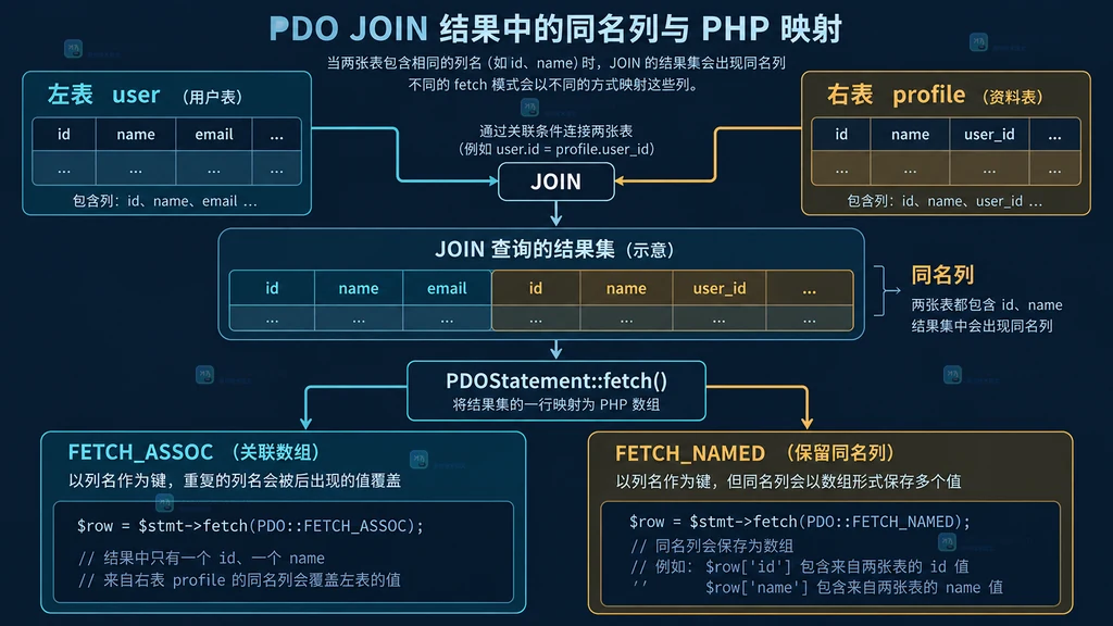 PHP PDO FETCH_ASSOC 与 FETCH_NAMED 返回数组结构对比说明图