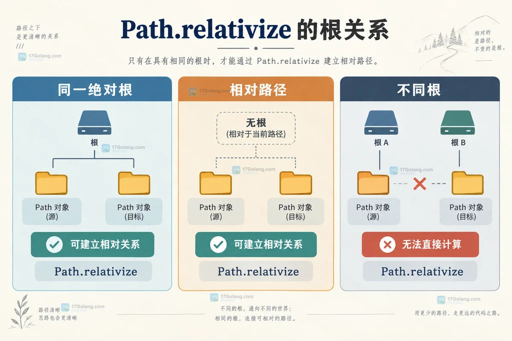 Java Path.relativize 的同根、相对和不同根路径关系说明图
