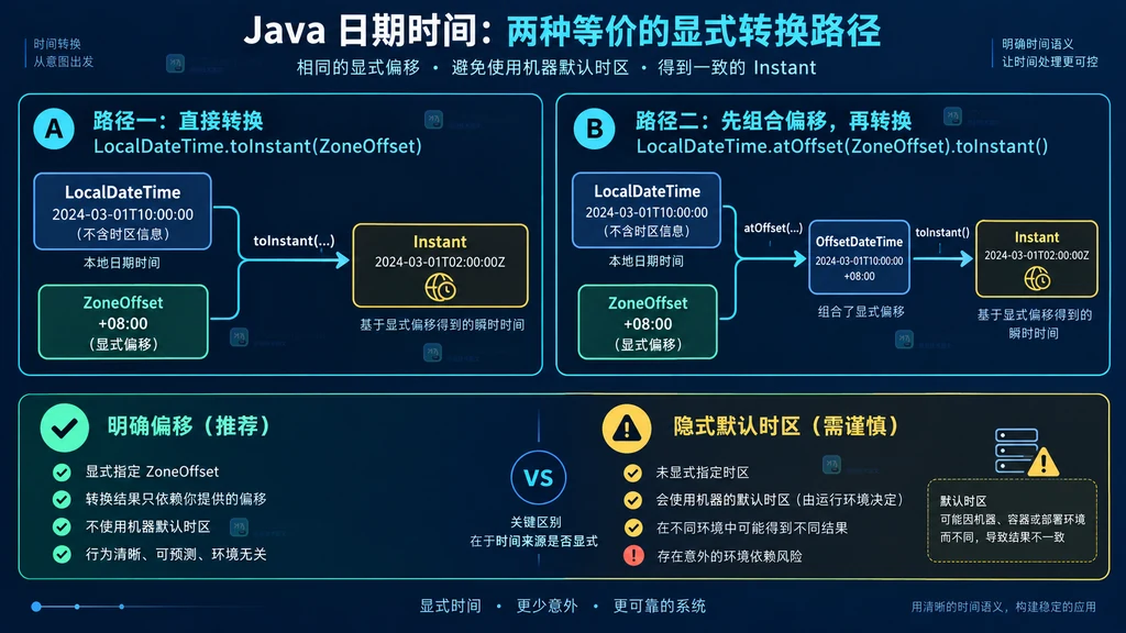 Java LocalDateTime 两种显式 ZoneOffset 转换路径的静态对比图