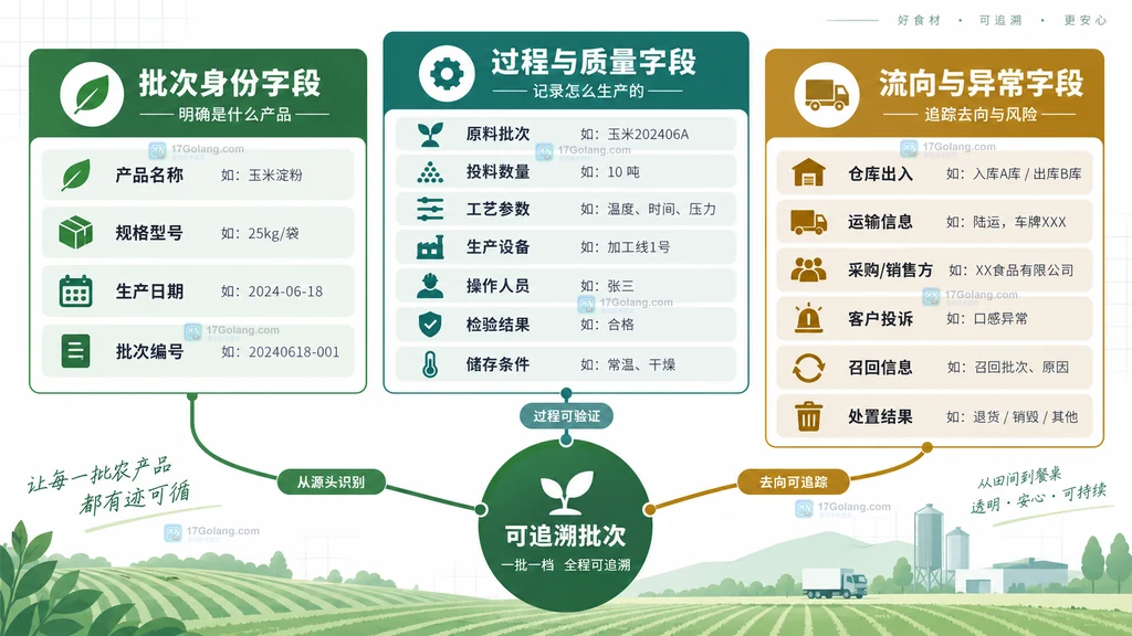 原料到销售去向由批次标识串联的农产品加工追溯关系示意图