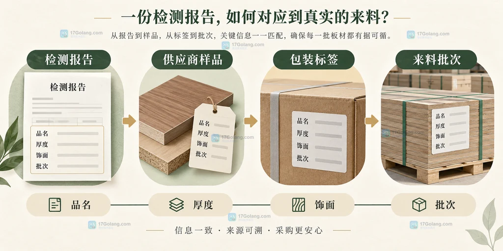 检测报告、供应商样品、包装标签和来料批次之间的对应关系说明图