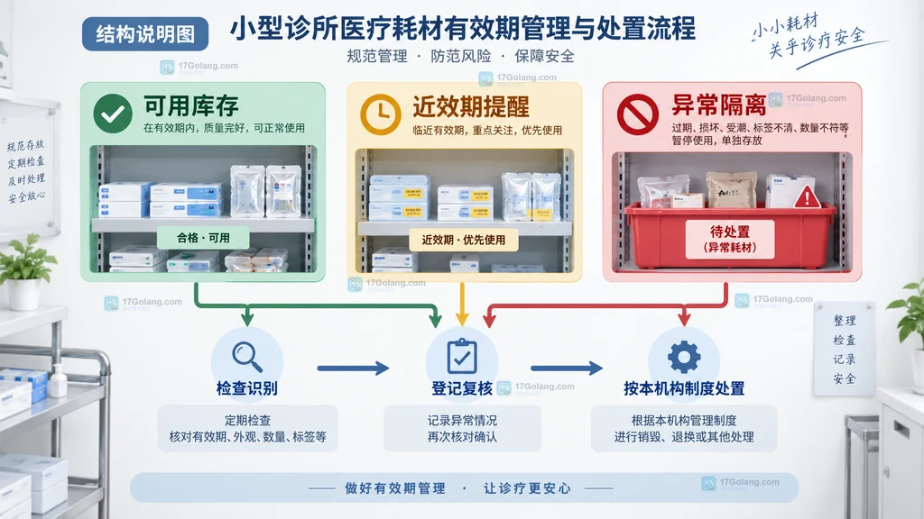医疗耗材效期异常处理结构说明图展示可用库存近效期提醒异常隔离和登记复核关系