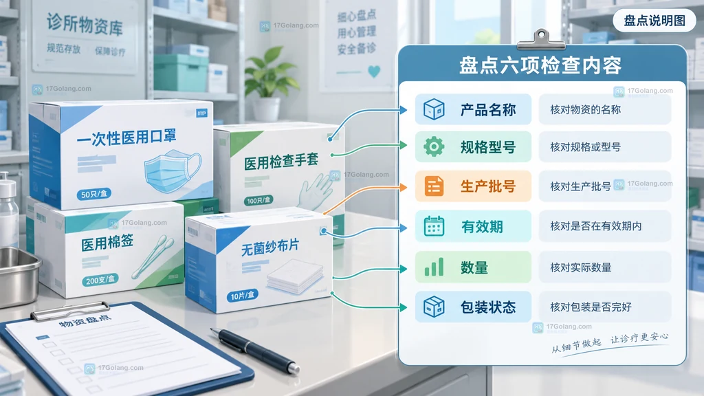 医疗耗材盘点说明图展示名称规格批号有效期数量和包装状态六项核对字段