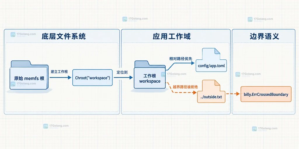 memfs.New 与 Chroot 工作根以及相对路径文件操作之间的静态关系图