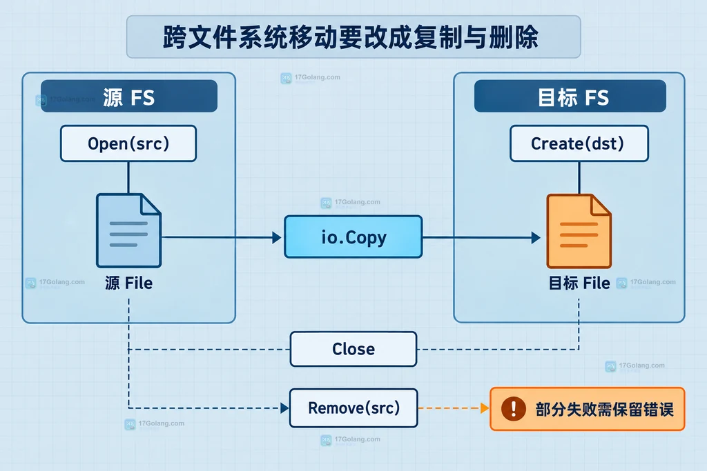 Go billy 跨文件系统通过 Open、Create、io.Copy、Close 和 Remove 完成迁移的静态结构图