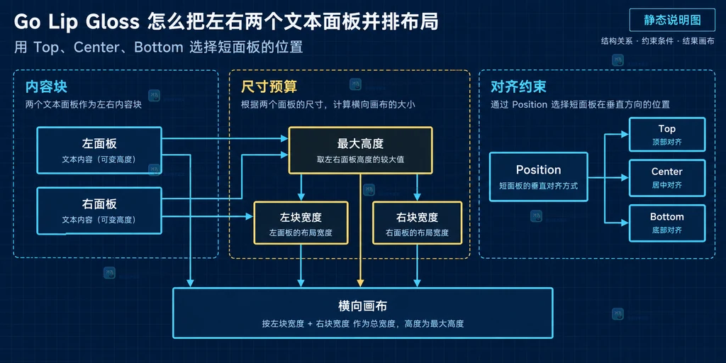 左面板和右面板受 Position、最大高度和各自宽度约束后合成为横向画布的静态结构说明图