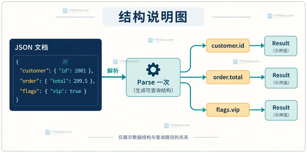 Go GJSON 解析一次后通过 customer.id、order.total 和 flags.vip 三条路径读取不同 Result 的结构说明图