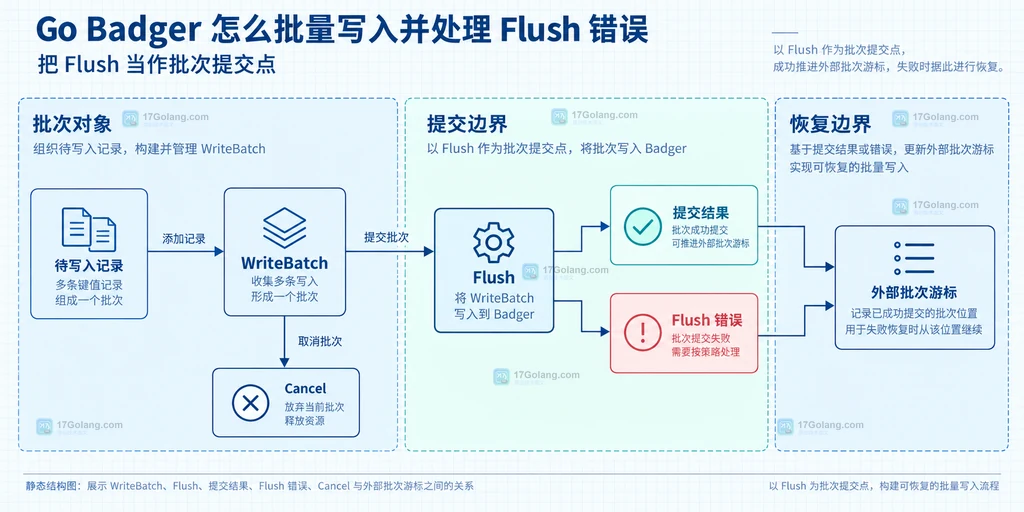 Badger Flush 提交边界与错误记录、Cancel 兜底和外部批次游标的静态关系说明图