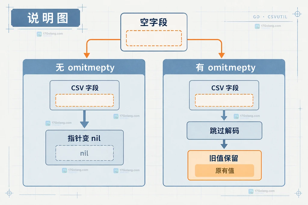 Go csvutil 将同一行 CSV 的空字段分别映射到普通值和指针字段的结构说明图