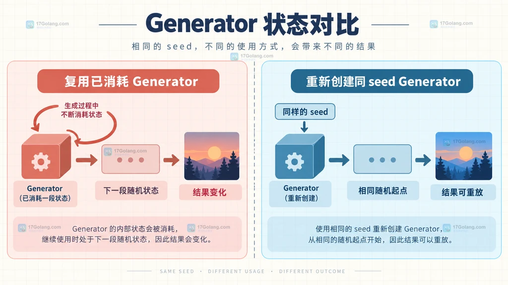 Diffusers 复用已消耗 Generator 与每次重新播种的结果对比说明图