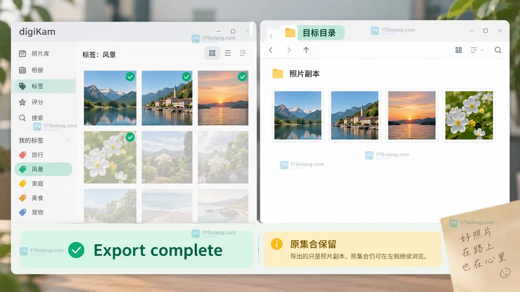 digiKam 导出完成后目标目录出现照片副本且原集合仍可浏览的原创界面说明图