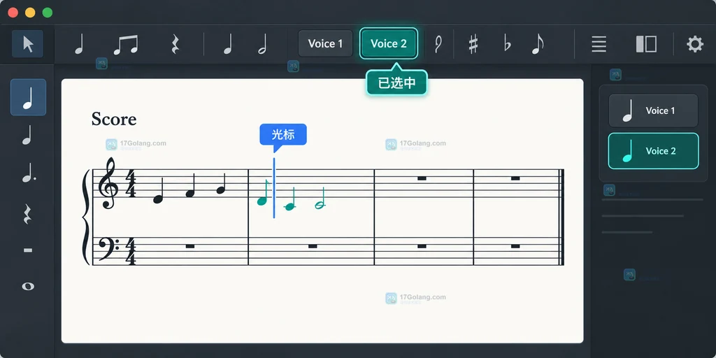MuseScore 风格原创界面说明图,显示目标小节、音符输入光标和时值工具栏