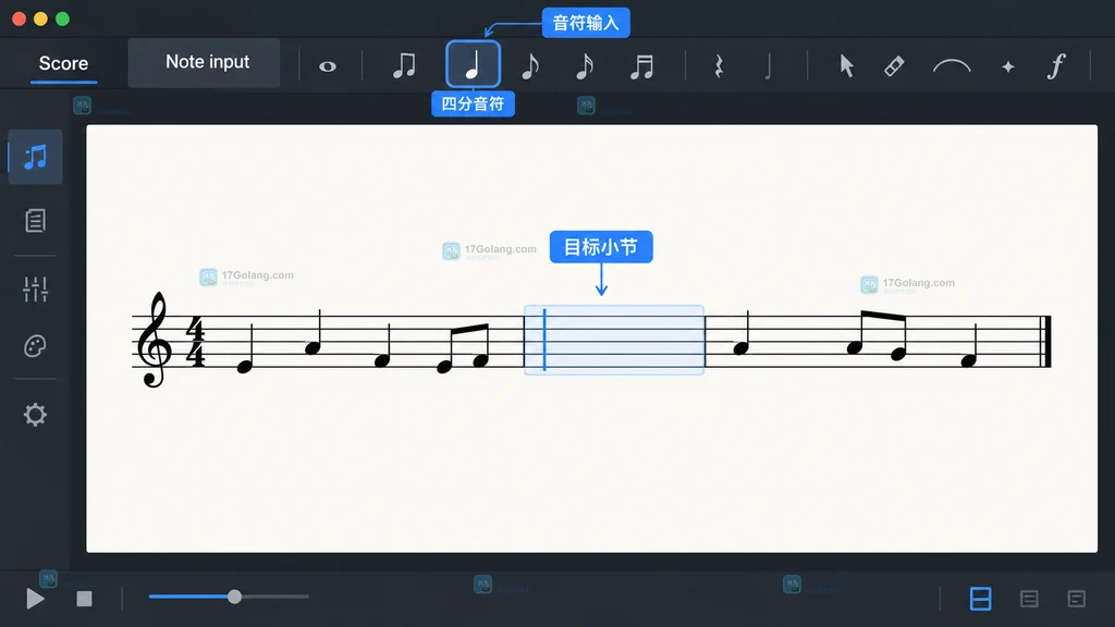 MuseScore 风格原创界面说明图,显示 Voice 2 选中状态和第二声部输入光标