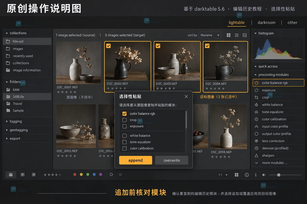 选择性粘贴对话框中确认模块并选择append而非overwrite