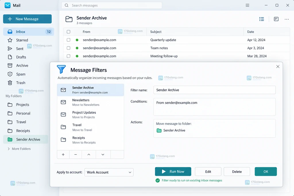 Thunderbird Message Filters 列表和 Run Now 操作的原创界面说明图