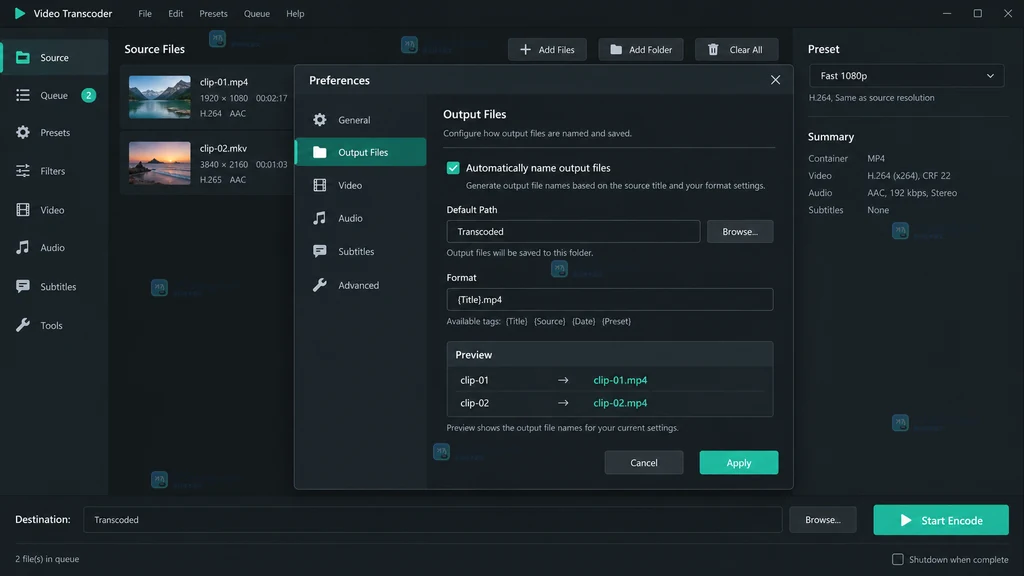 HandBrake 风格原创界面说明图,展示自动命名、输出目录和包含 Title 的文件名格式