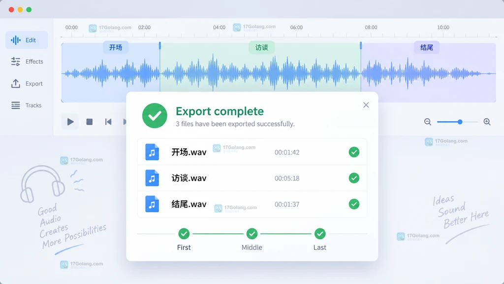 Audacity原创界面说明图，展示按标签生成多个独立音频文件后的结果列表