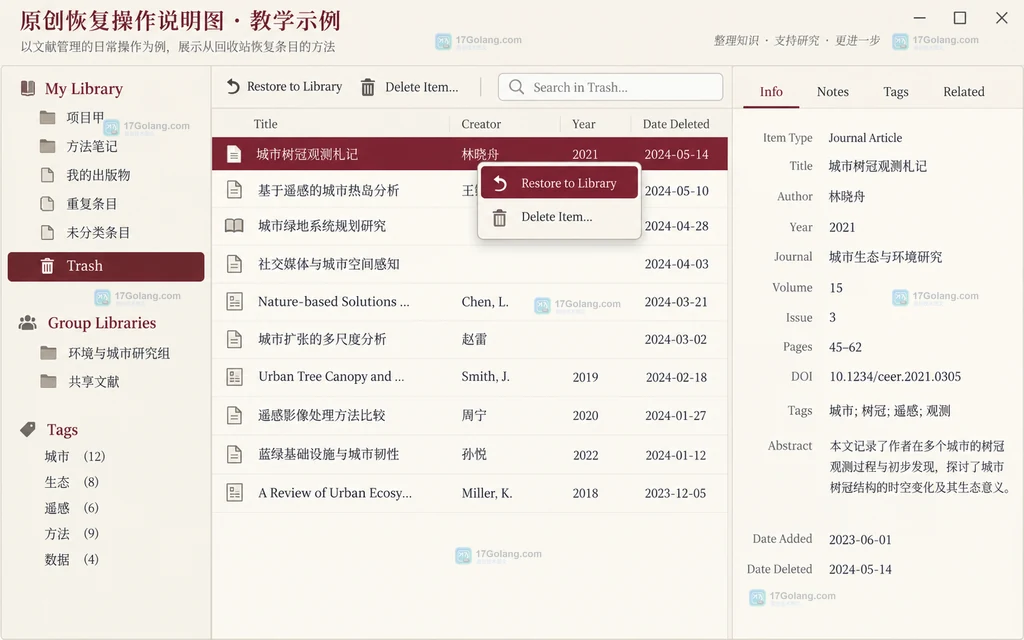 原创恢复说明图：回收站中选择Restore to Library