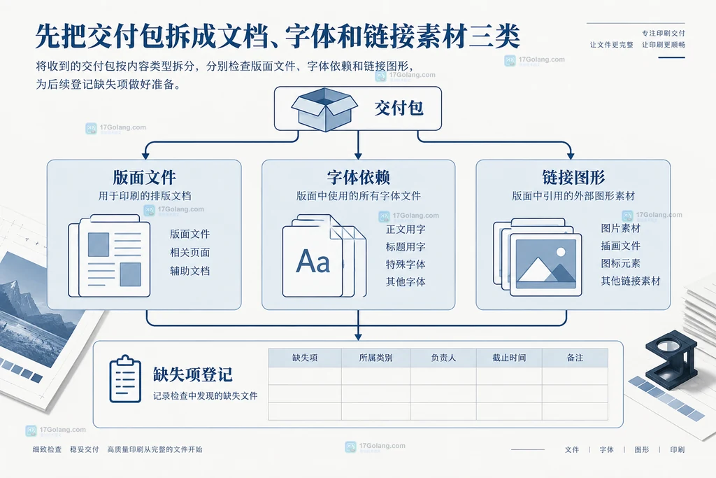 印刷文件交付包中版面文件、字体依赖、链接图形与缺失项登记之间的原创结构说明图
