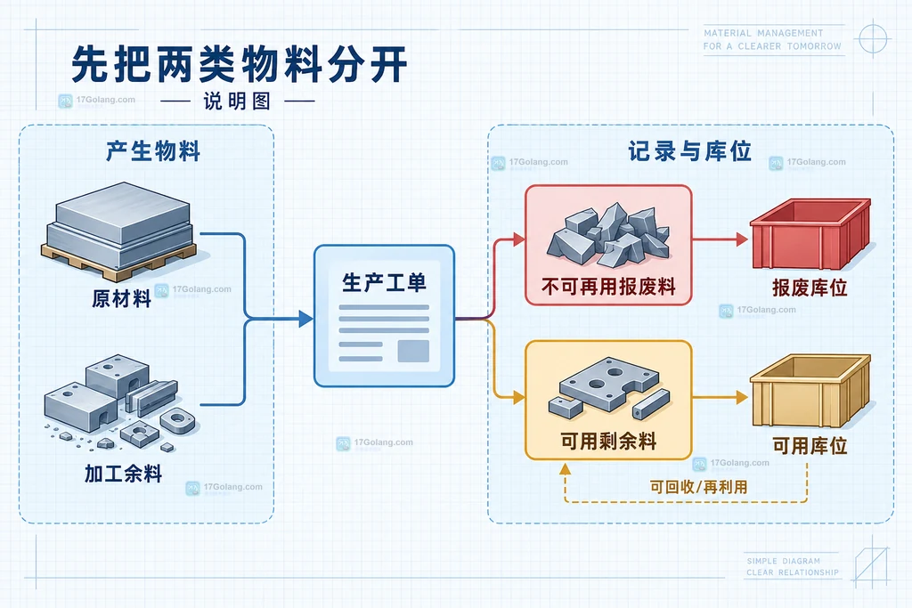 生产工单、报废料、可用剩余料与两种库位之间的静态分类关系说明图