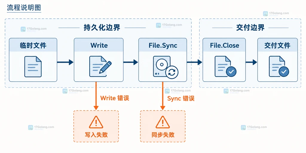 Go 临时文件写入、Sync、Close 和交付边界的流程说明图