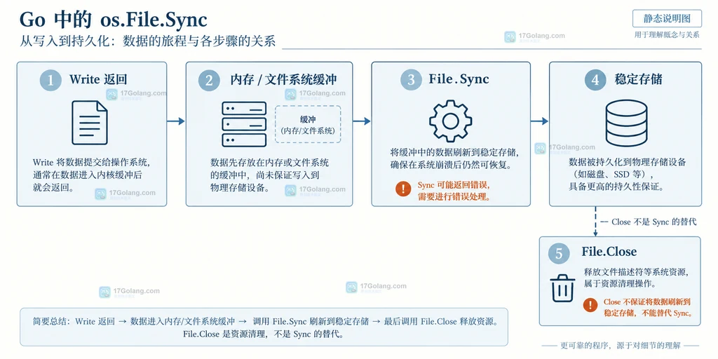 Go Write、File.Sync、稳定存储和 Close 的职责边界静态说明图