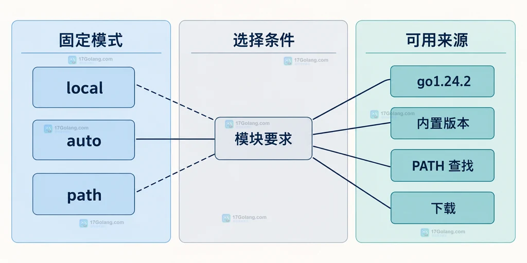local、auto、path 和固定 Go toolchain 模式的静态对比关系图