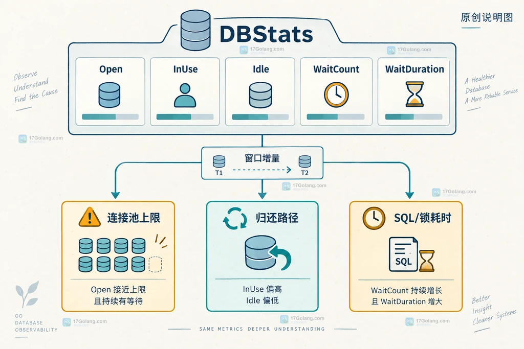 Go database/sql DBStats 指标与连接池排查方向的静态关系图