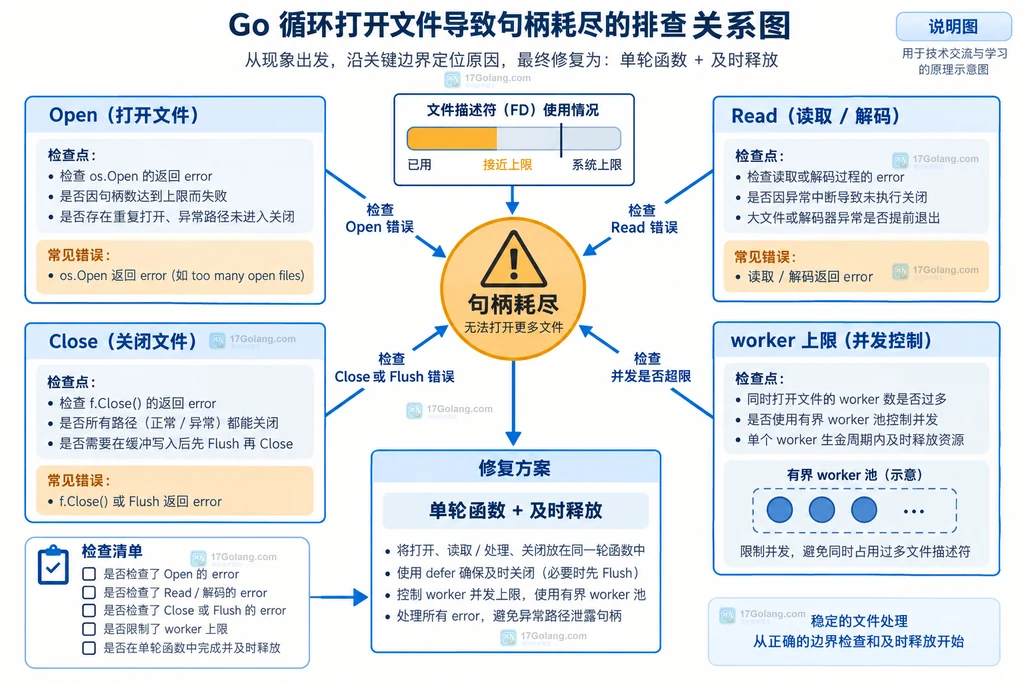Go 文件循环排障检查清单结构说明图