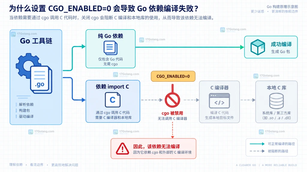 Go 工具链、纯 Go 依赖、cgo 依赖与 C 编译器之间的边界结构说明图
