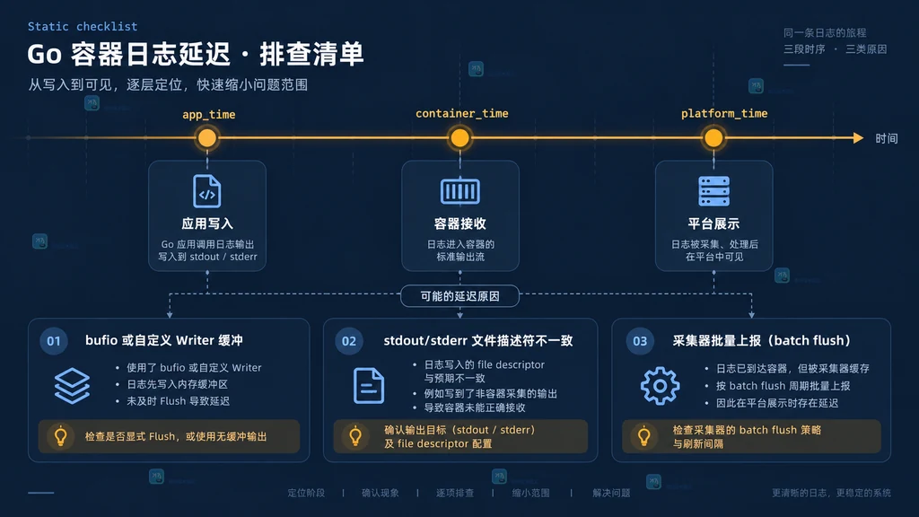 按应用 Write、容器日志流和采集器展示三个时间点定位 Go 容器日志延迟的检查清单说明图